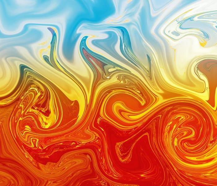 An artistic representation of fire and water which shows a series of blue swirls against a series of orange swirls