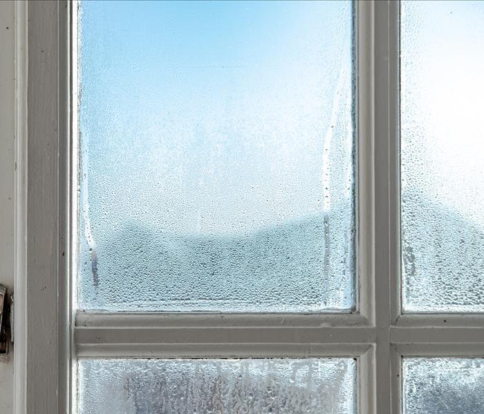 A photo of water condensation formed on interior windows of a house